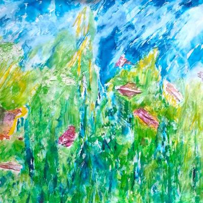 Après le champagne, technique mixte sur papier Japon Kozo, 64x94 cm, 2025