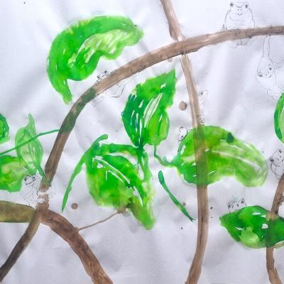 Grenouilles, technique mixte, 64x94cm, papier kouzo, 2026
