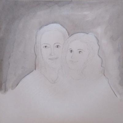 Mère et fille, technique mixte, 50 x 50 cm, 2023