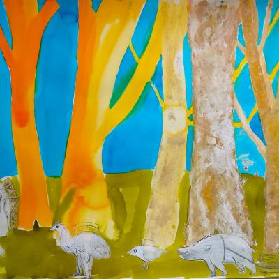 La troupe en route pour quelques jours de camping, technique mixte, 50x65 cm, 2025