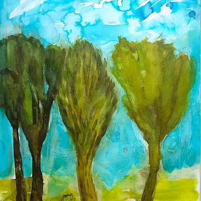 Dans la forêt, technique mixte, 50x65 cm, 2025