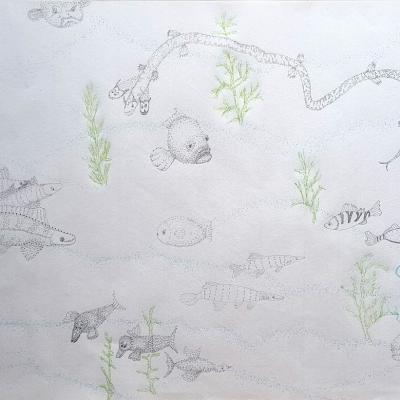 Poissons, feutres, papier Kouzo, 64x94cm, 2026