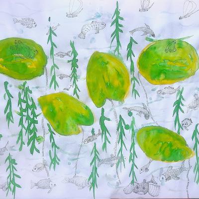 Poissons 2, feutres et encres, papier Kouzo, 64x94cm, 2026